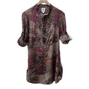 Ivy Jane Tunic Size S Plum Brown Floral Roll-Tab Sleeve Boho Top 33336B